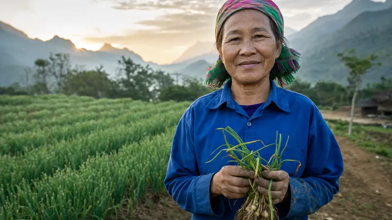 Người nông dân chăm sóc luống hành tăm trong vùng nguyên liệu